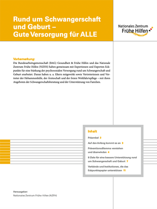 Cover der Publikation "Rund um Schwangerschaft und Geburt – Gute Versorgung für ALLE" des NZFH